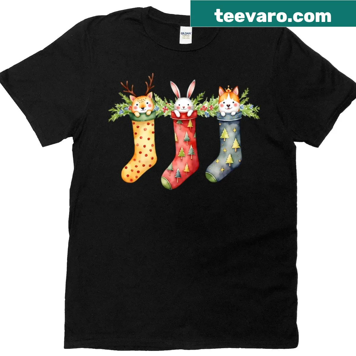Whimsical watercolor design of animals in stockings on a t-shirt — on a men's t-shirt