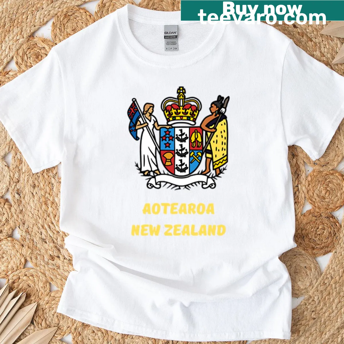 Aotearoa New Zealand Coat of Arms T-shirt showcasing national pride. — on a men's t-shirt