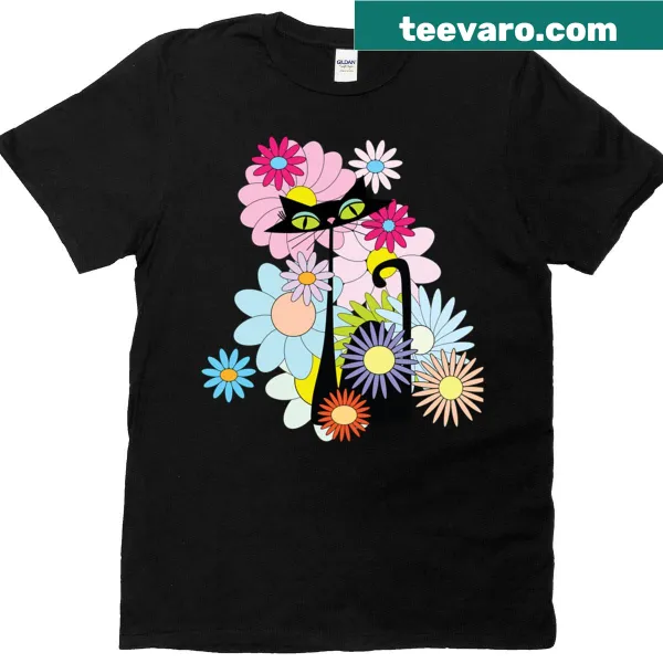 Vintage-style Atomic Mcm cat and flower graphic T-shirt