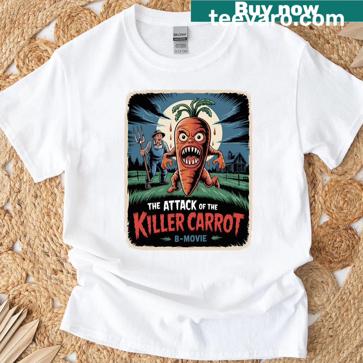 Retro T-shirt featuring a parody of a 1950s horror movie poster — on a men's t-shirt