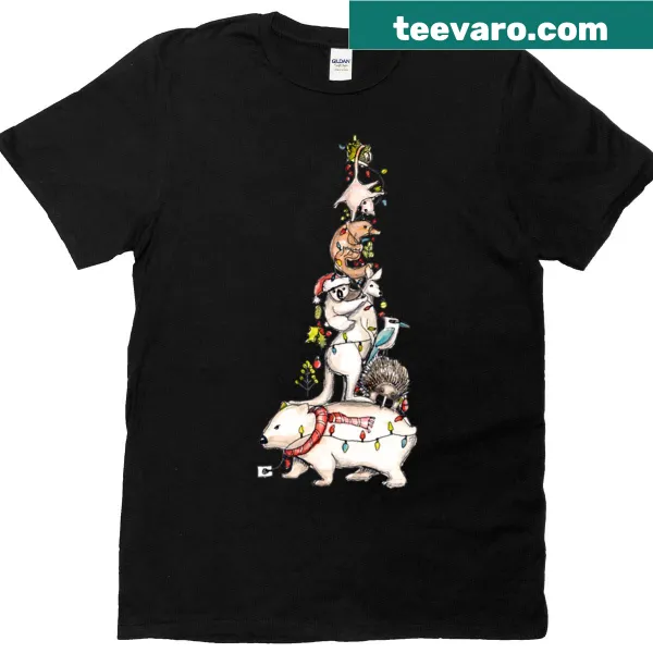 Illustration of Aussie animals around a Christmas tree on a t-shirt