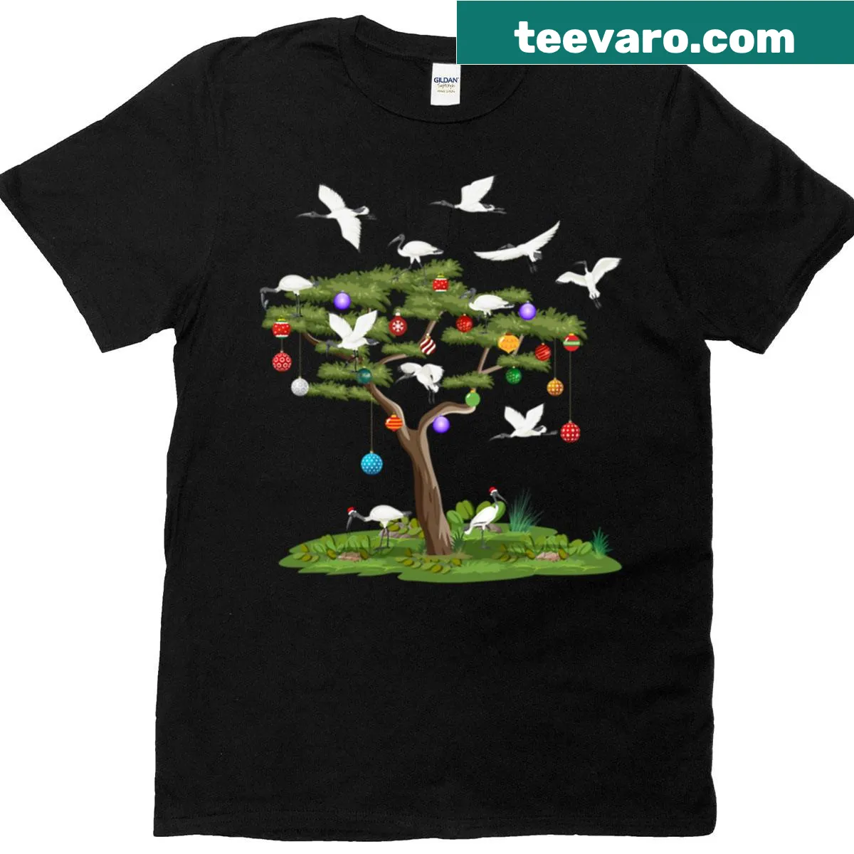 Funny Christmas shirt featuring an ibis bird in Santa attire with lights — on a men's t-shirt