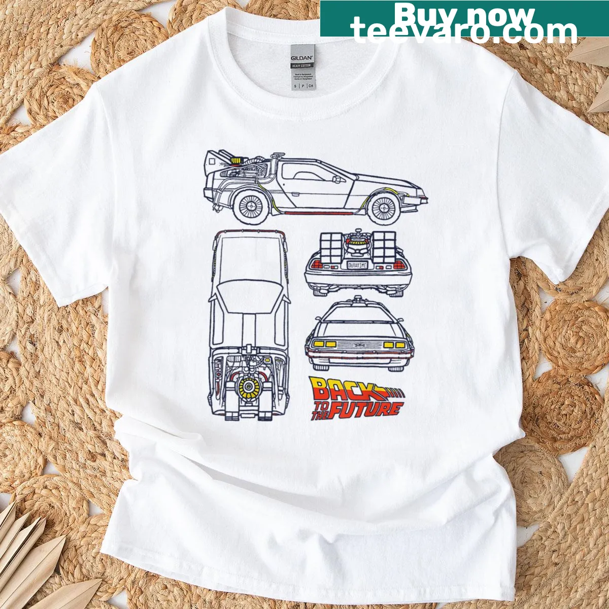 Delorean blueprint design from Back to the Future on a t-shirt — on a men's t-shirt