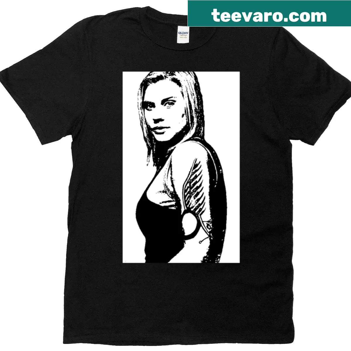 Battlestar Galactica T-shirt featuring Kara Thrace graphic — on a men's t-shirt