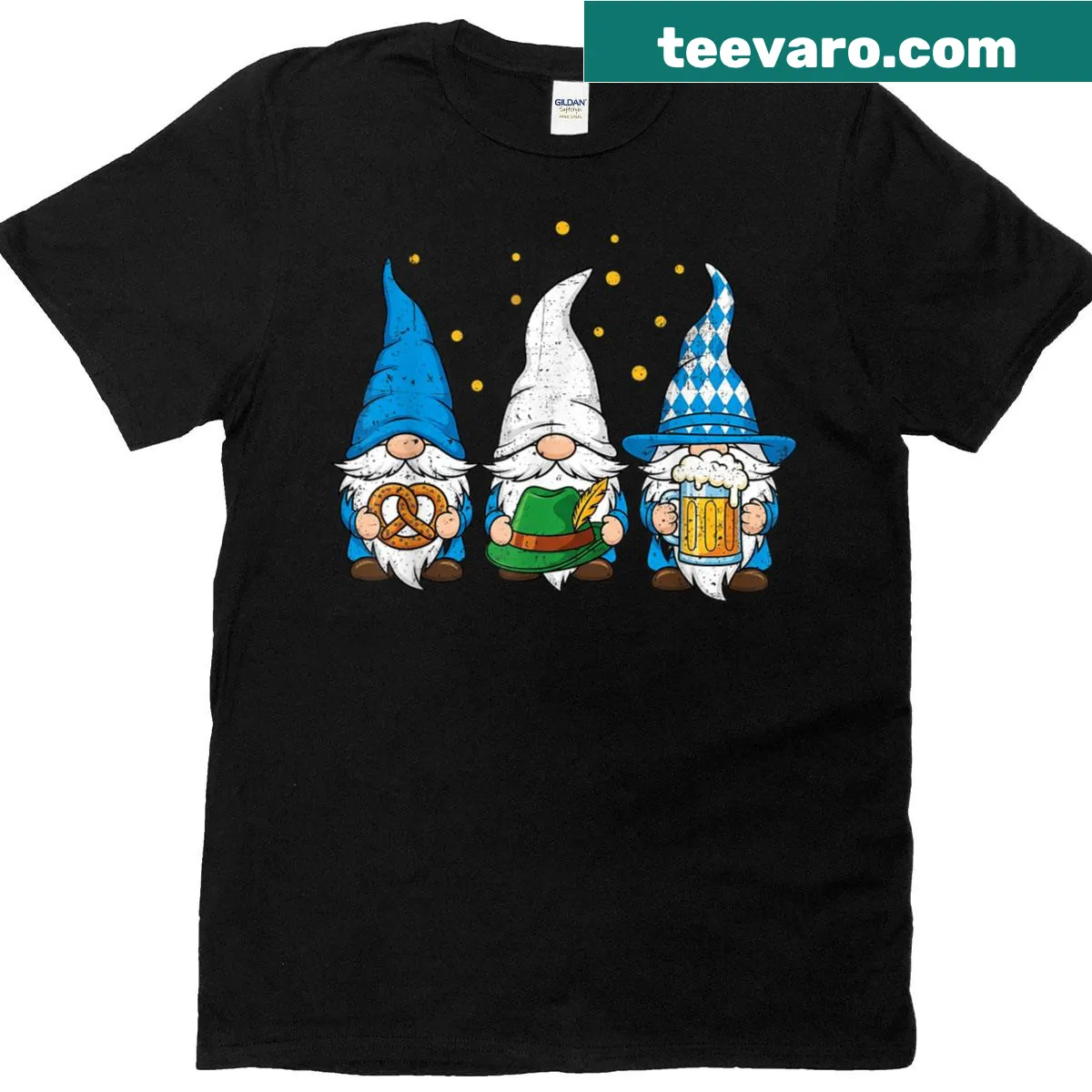 Oktoberfest shirt featuring Bavarian gnomes — on a men's t-shirt
