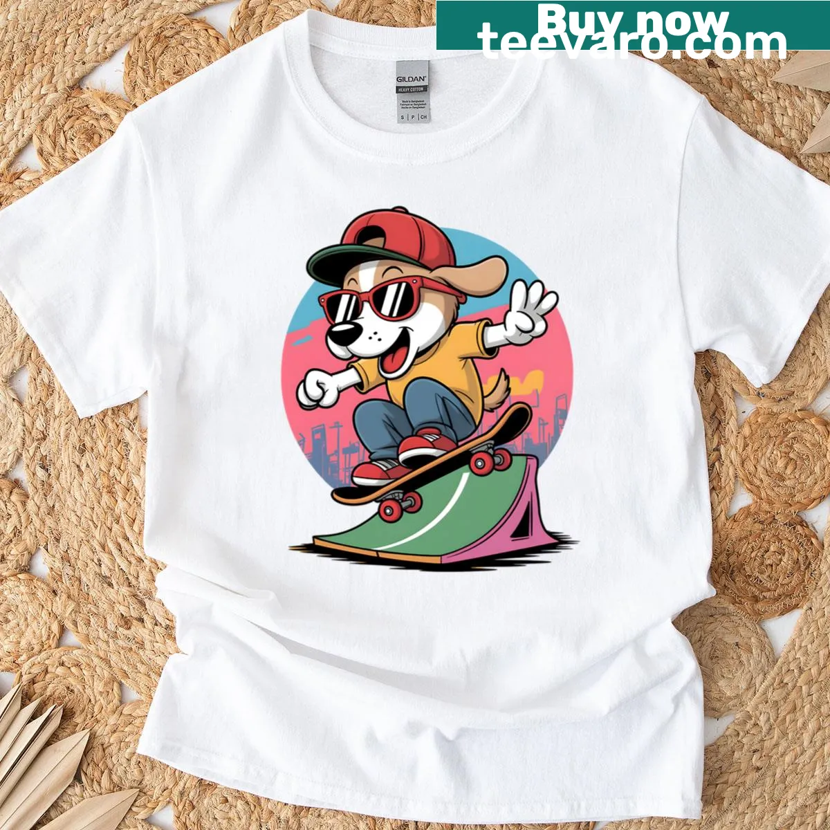 Illustration of a beagle on a skateboard with a sunset city backdrop — on a men's t-shirt
