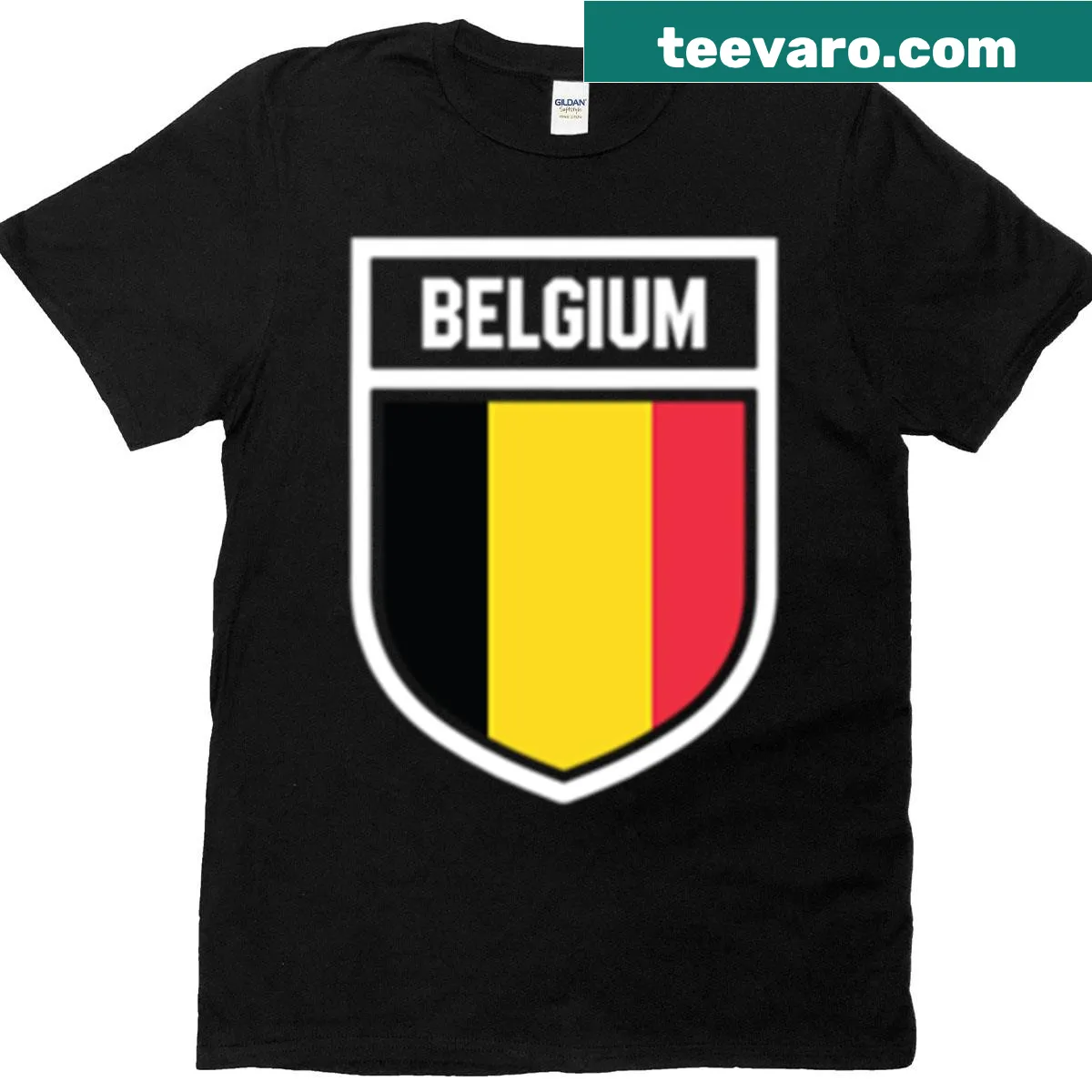 Belgium national flag T-shirt with coat of arms design. — on a men's t-shirt