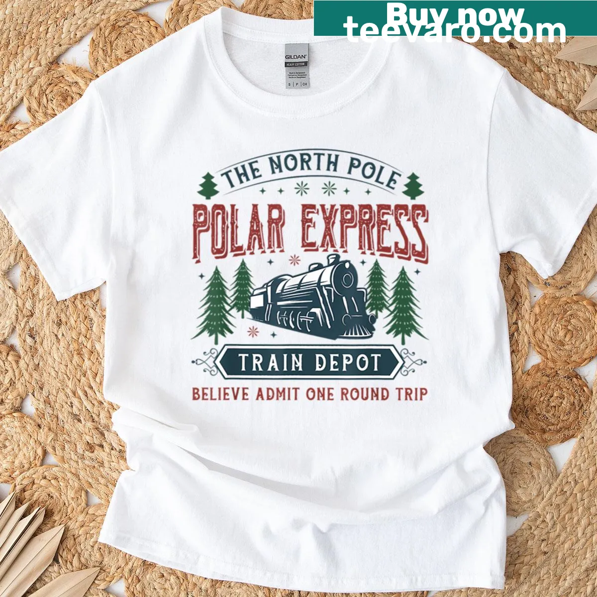Christmas T-shirt featuring an illustration of a train to the North Pole — on a men's t-shirt