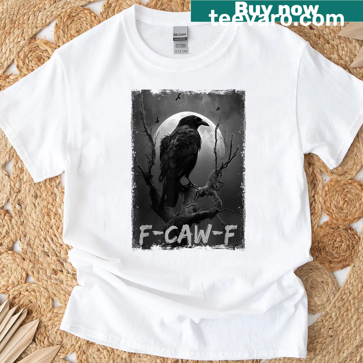 Funny graphic of a black crow and moon on a t-shirt — on a men's t-shirt
