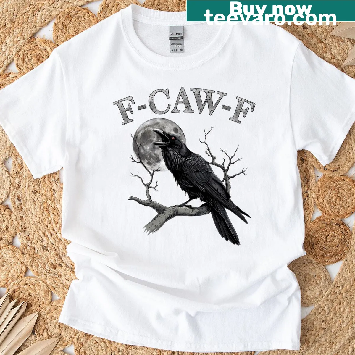 Funny graphic of a black crow with 'F-caw-f' saying — on a men's t-shirt
