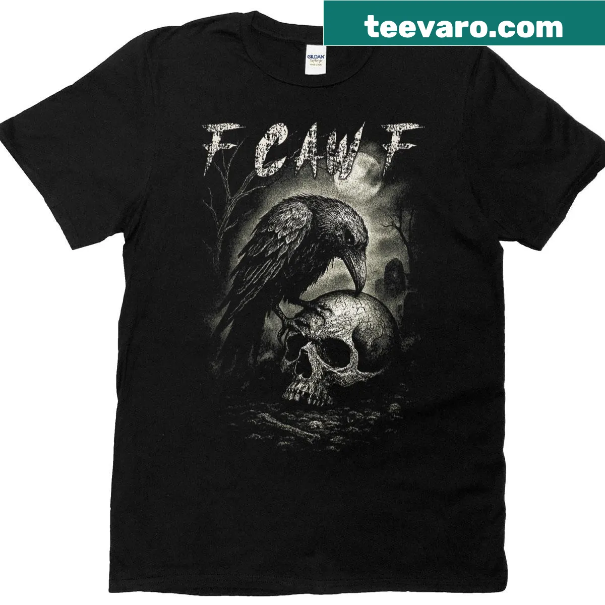 Funny crow t-shirt with gothic design and moon backdrop — on a men's t-shirt