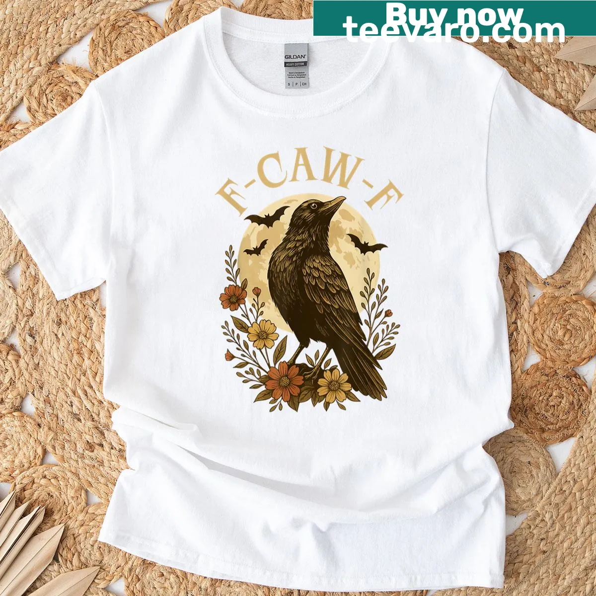 Playful crow graphic with the phrase F-caw-f on a T-shirt — on a men's t-shirt