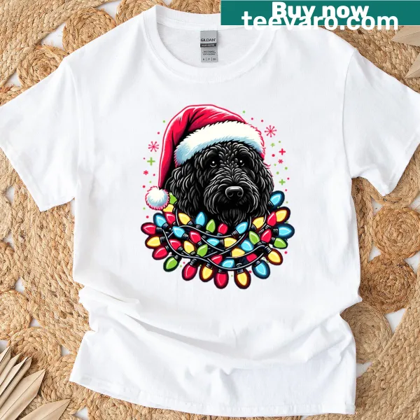 Doodle of Black Labradoodle with Christmas tree on oversized t-shirt