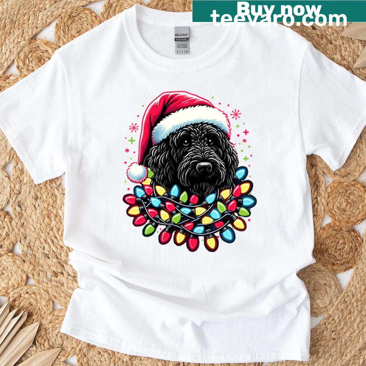 Doodle of Black Labradoodle with Christmas tree on oversized t-shirt — on a men's t-shirt