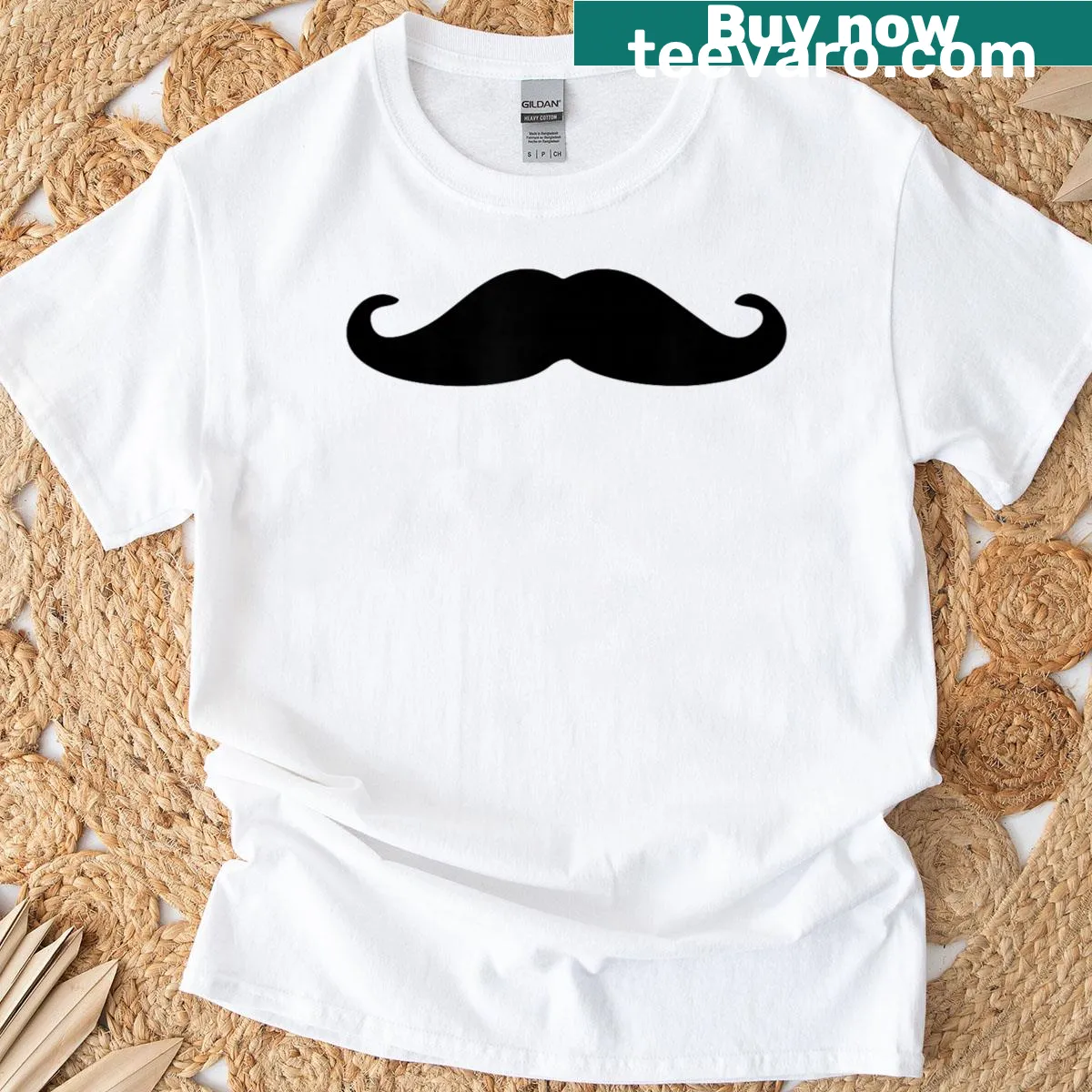 Bold mustache logo graphic on a T-shirt — on a men's t-shirt