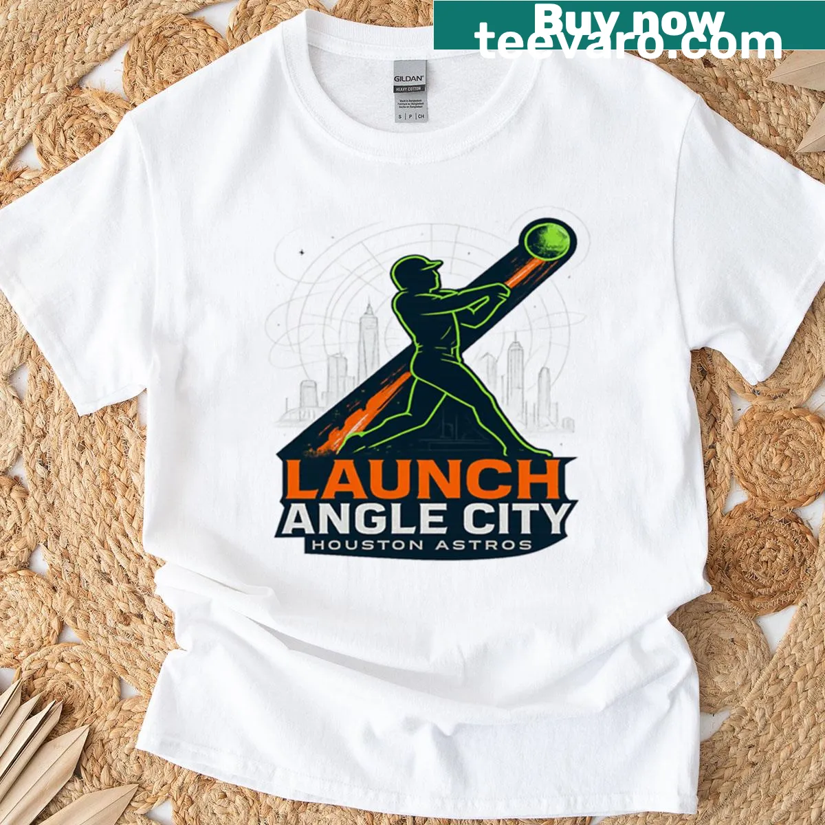 Illustrative T-shirt of a rocket blasting off with Astros theme — on a men's t-shirt