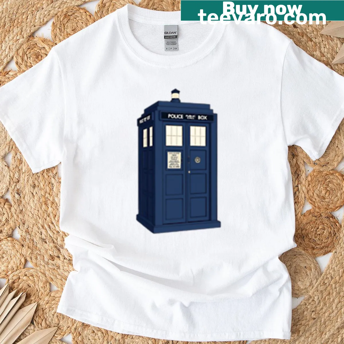 Retro police box sci-fi t-shirt with sticker design — on a men's t-shirt
