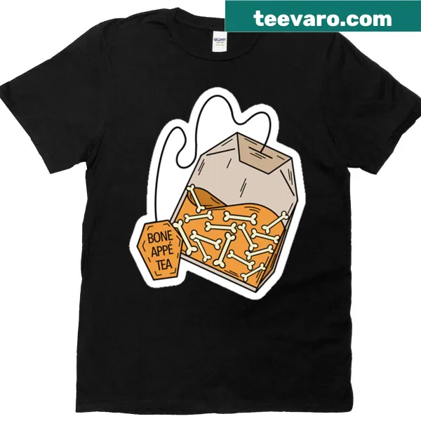 Witty food-themed T-shirt with 'Bone App Tea' phrase