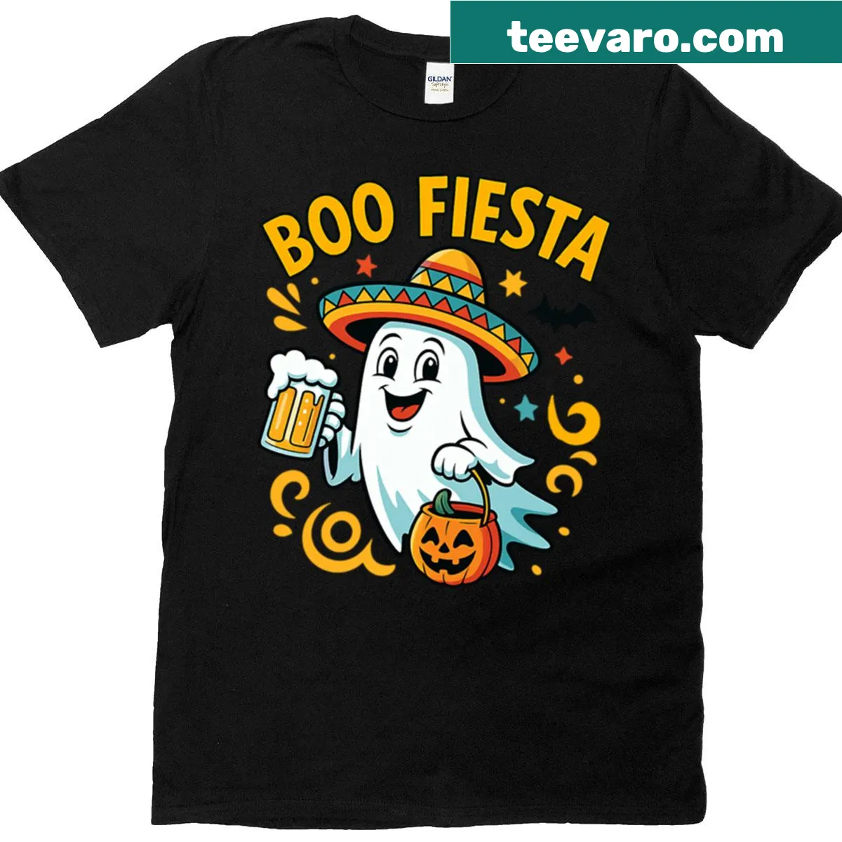 Playful cartoon ghost T-shirt for Halloween with festive elements — on a men's t-shirt