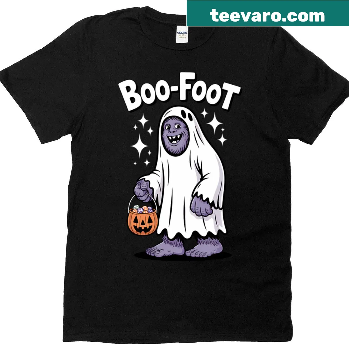 Cartoon Bigfoot dressed as a ghost for a humorous Halloween design. — on a men's t-shirt