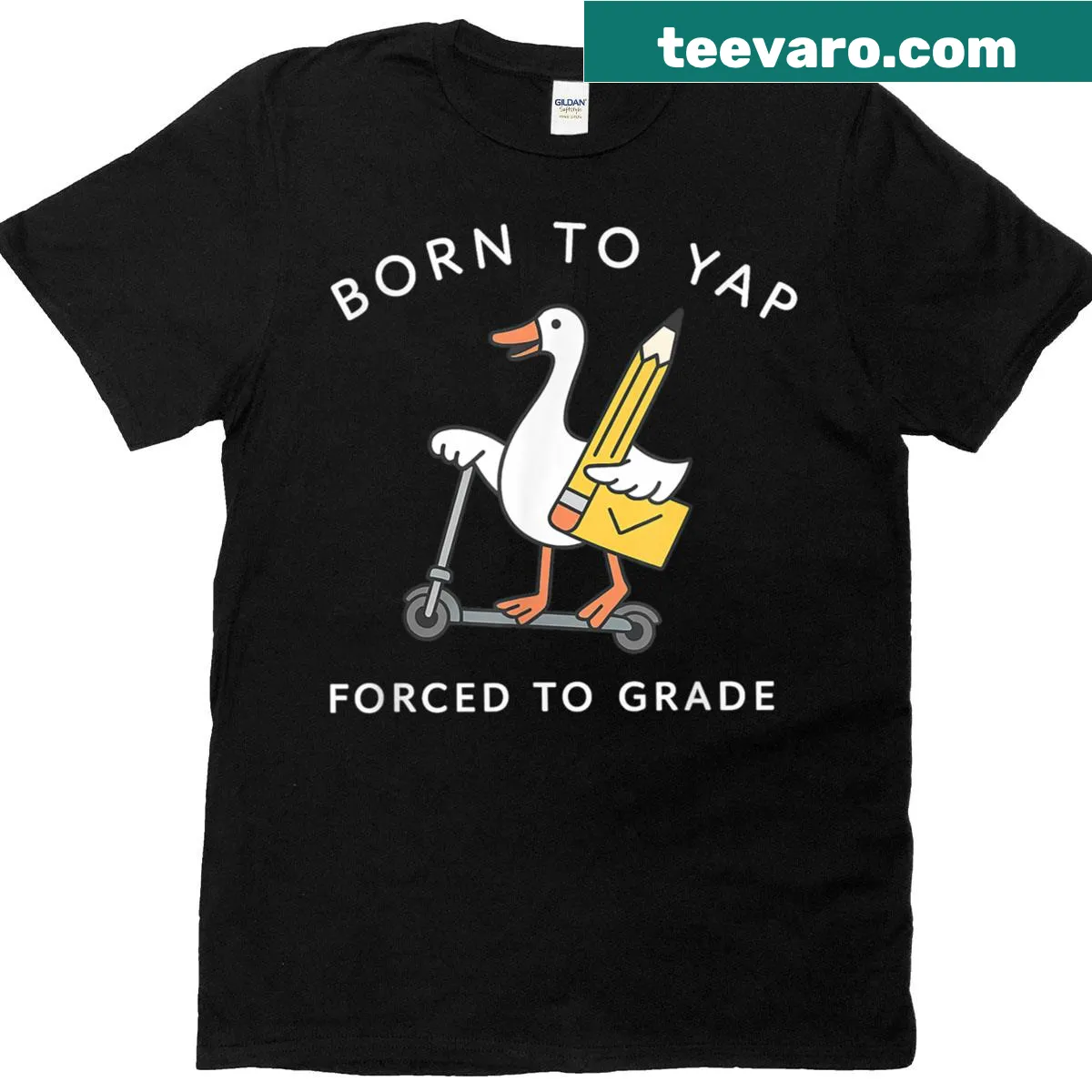 Funny teacher t-shirt with goose design and humorous text — on a men's t-shirt