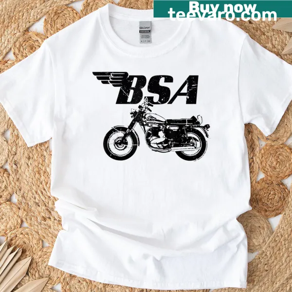 Distressed BSA logo graphic with a thunderbolt on a motorcycle-themed t-shirt
