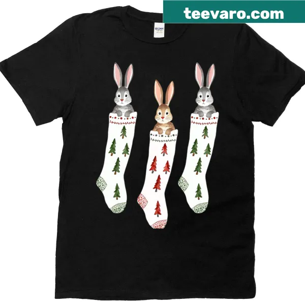 Watercolor t-shirt featuring bunnies in Christmas stockings