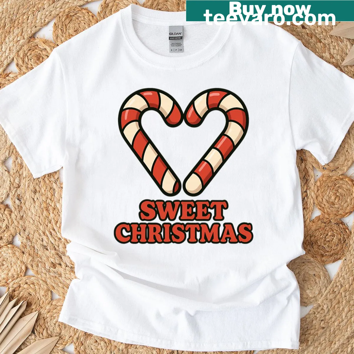 Oversized T-shirt with a whimsical candy cane heart design — on a men's t-shirt