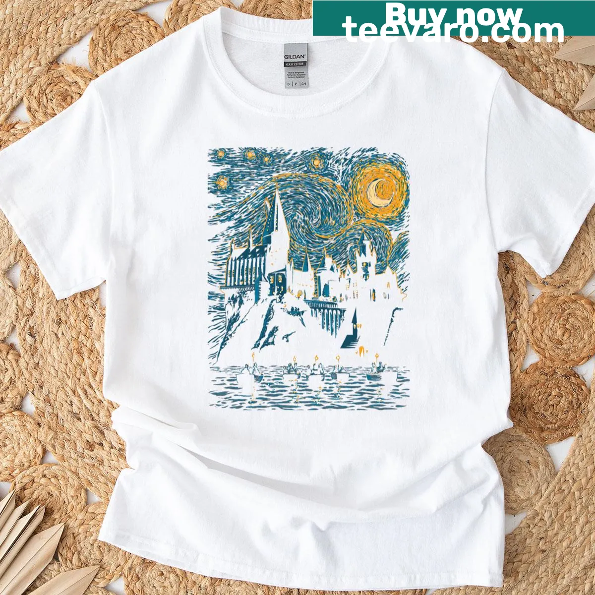 Castle silhouette with stars in a starry night design — on a men's t-shirt