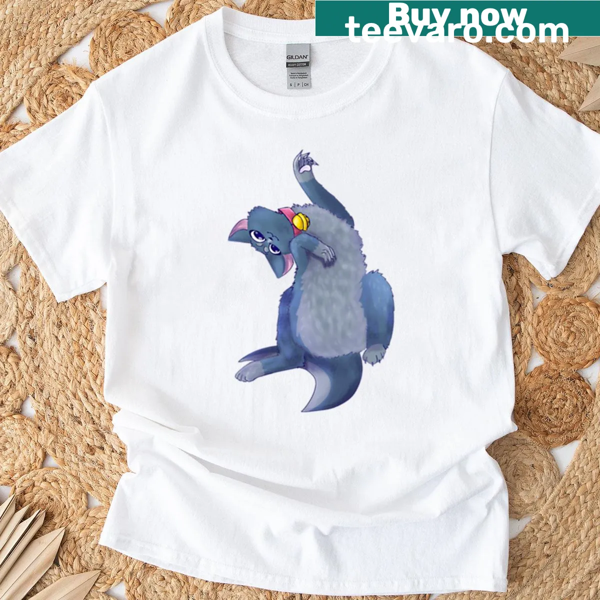 Whimsical graphic of a cat combined with shark features on a t-shirt — on a men's t-shirt