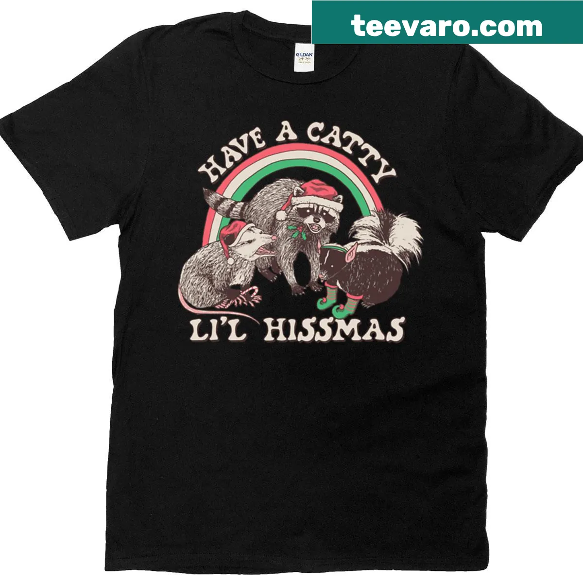 Festive Catty Lil Hissmas shirt with a playful cat graphic — on a men's t-shirt