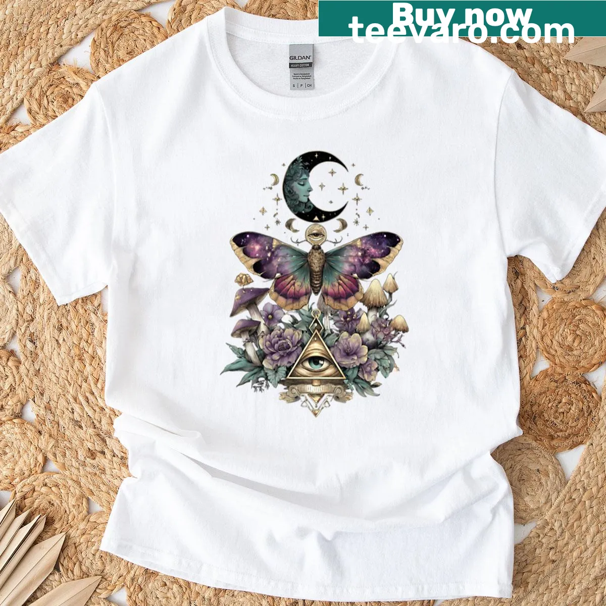 Illustration of a pink, purple, and gold lunar moth on t-shirt — on a men's t-shirt