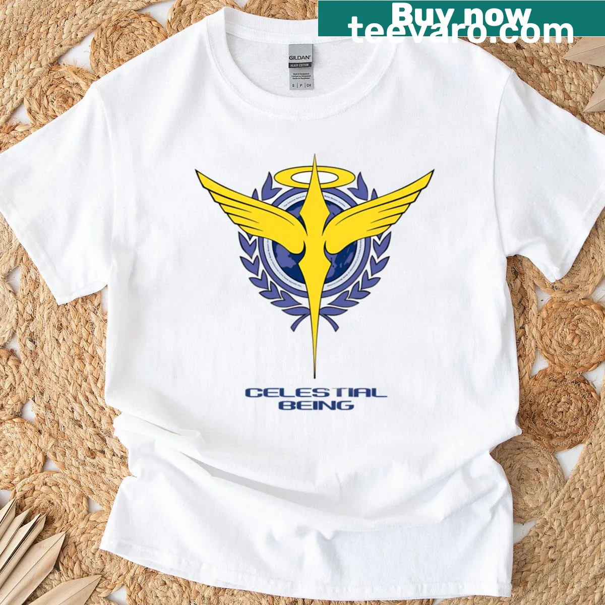 Gundam 00 graphic in a celestial theme on T-shirt — on a men's t-shirt