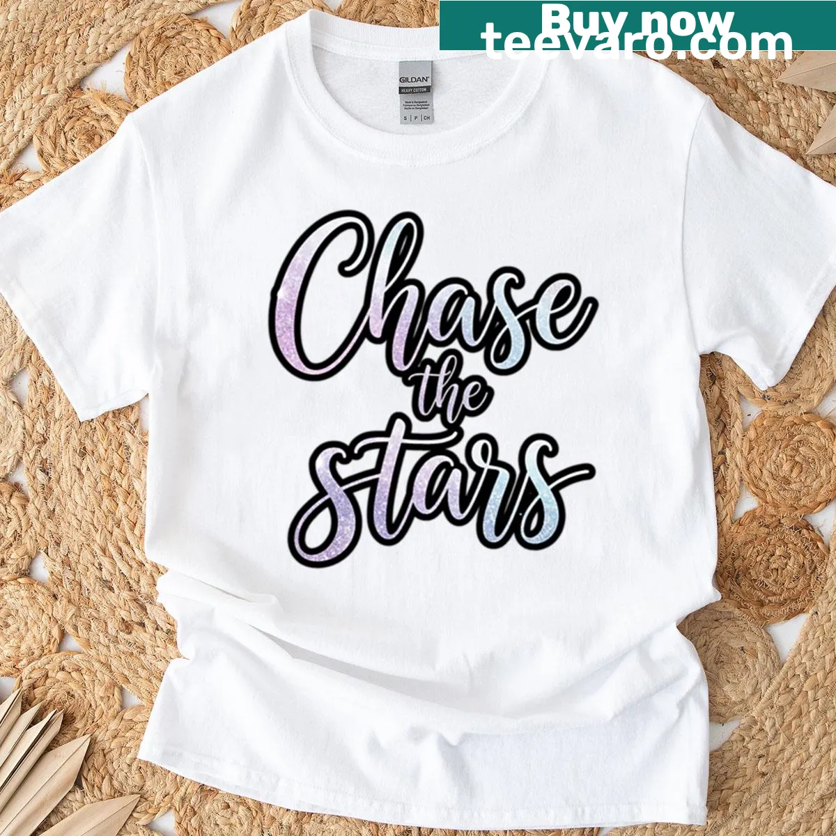 Inspirational shirt with 'Chase The Stars' text design — on a men's t-shirt