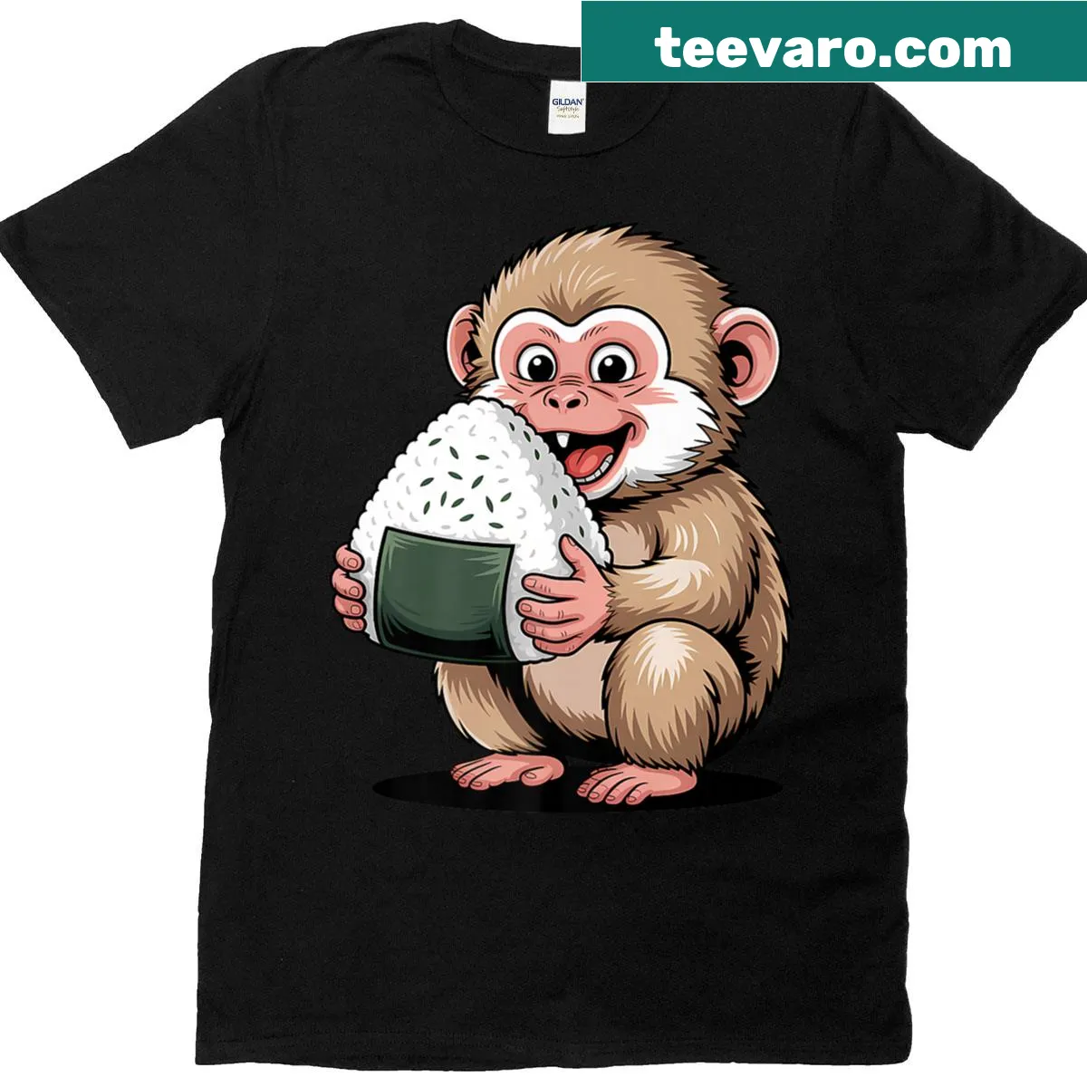 Cute cartoon monkey graphic t-shirt enjoying onigiri — on a men's t-shirt