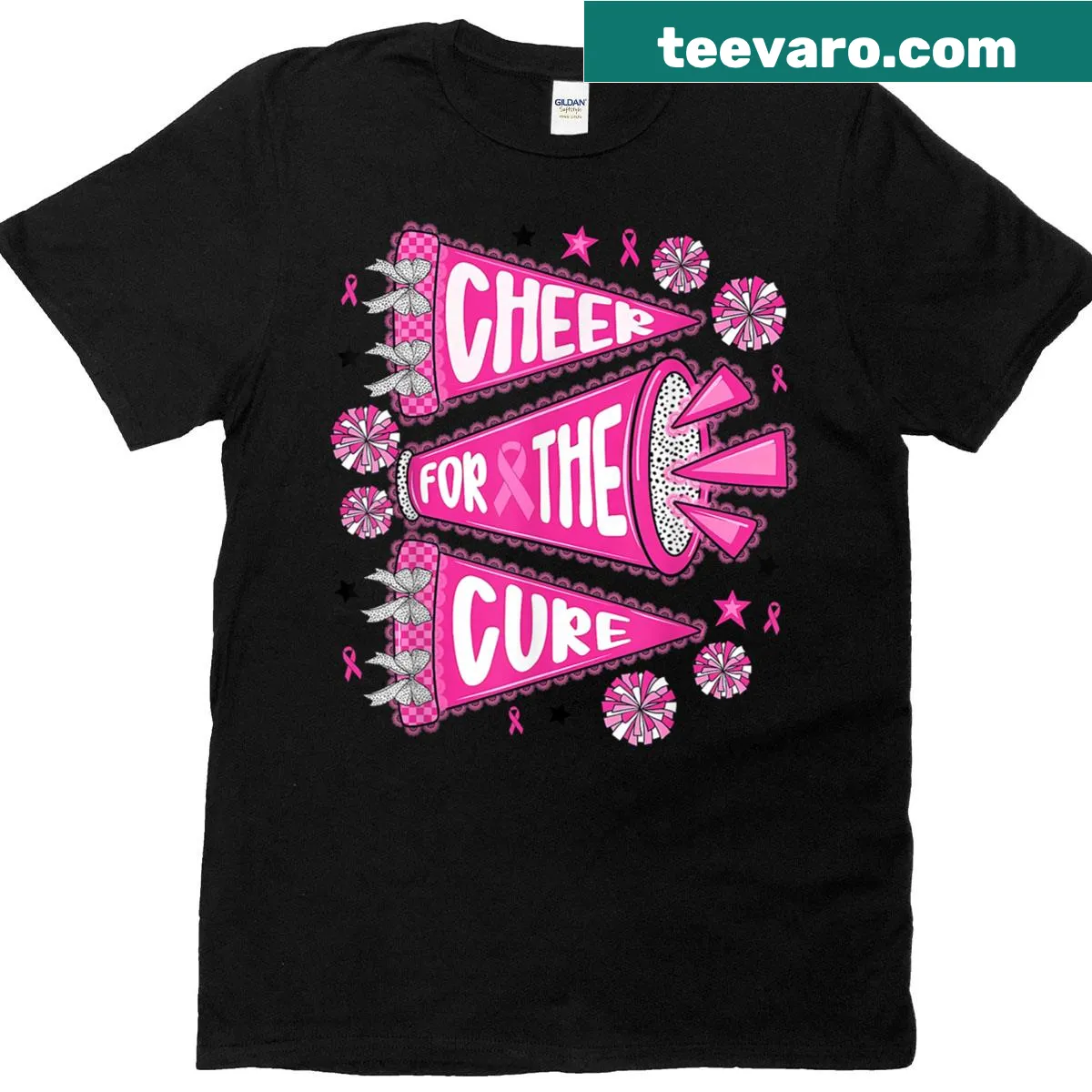 Cheerleader t-shirt with a pennant flag and breast cancer support text — on a men's t-shirt