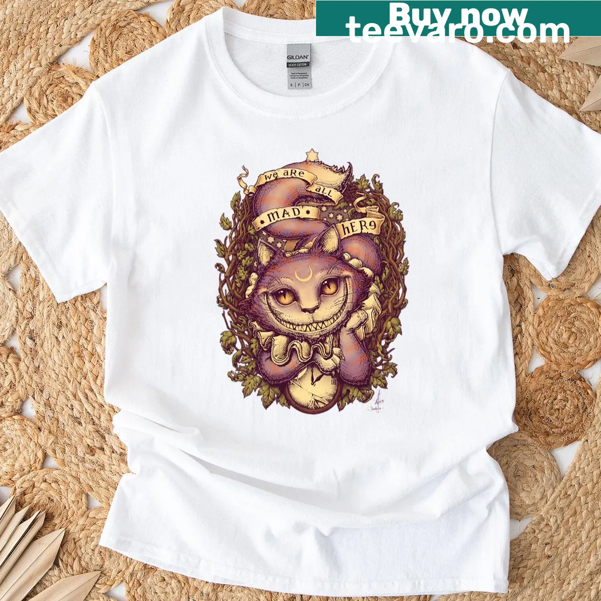 Illustrated T-shirt featuring the Cheshire Cat from Alice in Wonderland — on a men's t-shirt