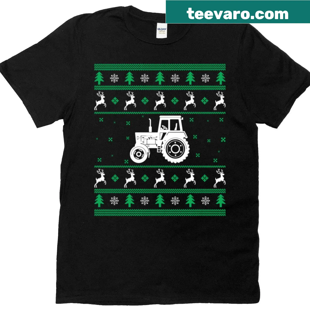 Christmas T-shirt with a tractor decorated for the season — on a men's t-shirt