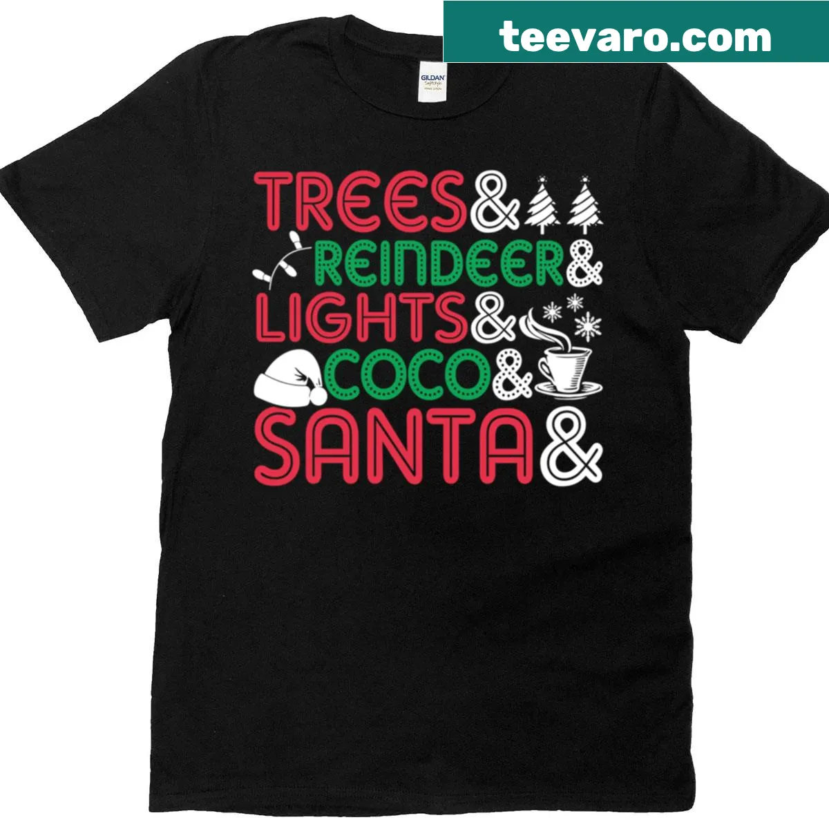 Illustrated Christmas tree and Santa graphic t-shirt for the holidays — on a men's t-shirt