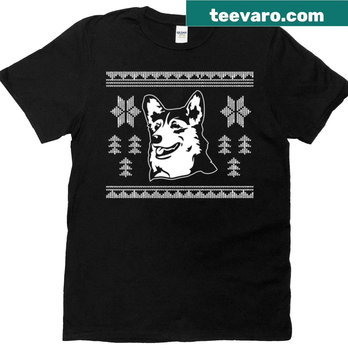 Oversized Christmas t-shirt featuring a playful corgi illustration — on a men's t-shirt