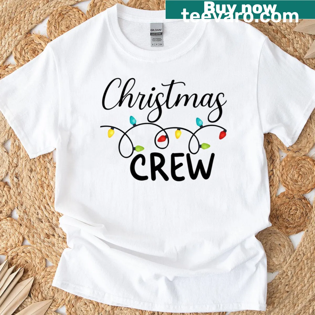 Funny Christmas crew T-shirt with holiday lights design — on a men's t-shirt