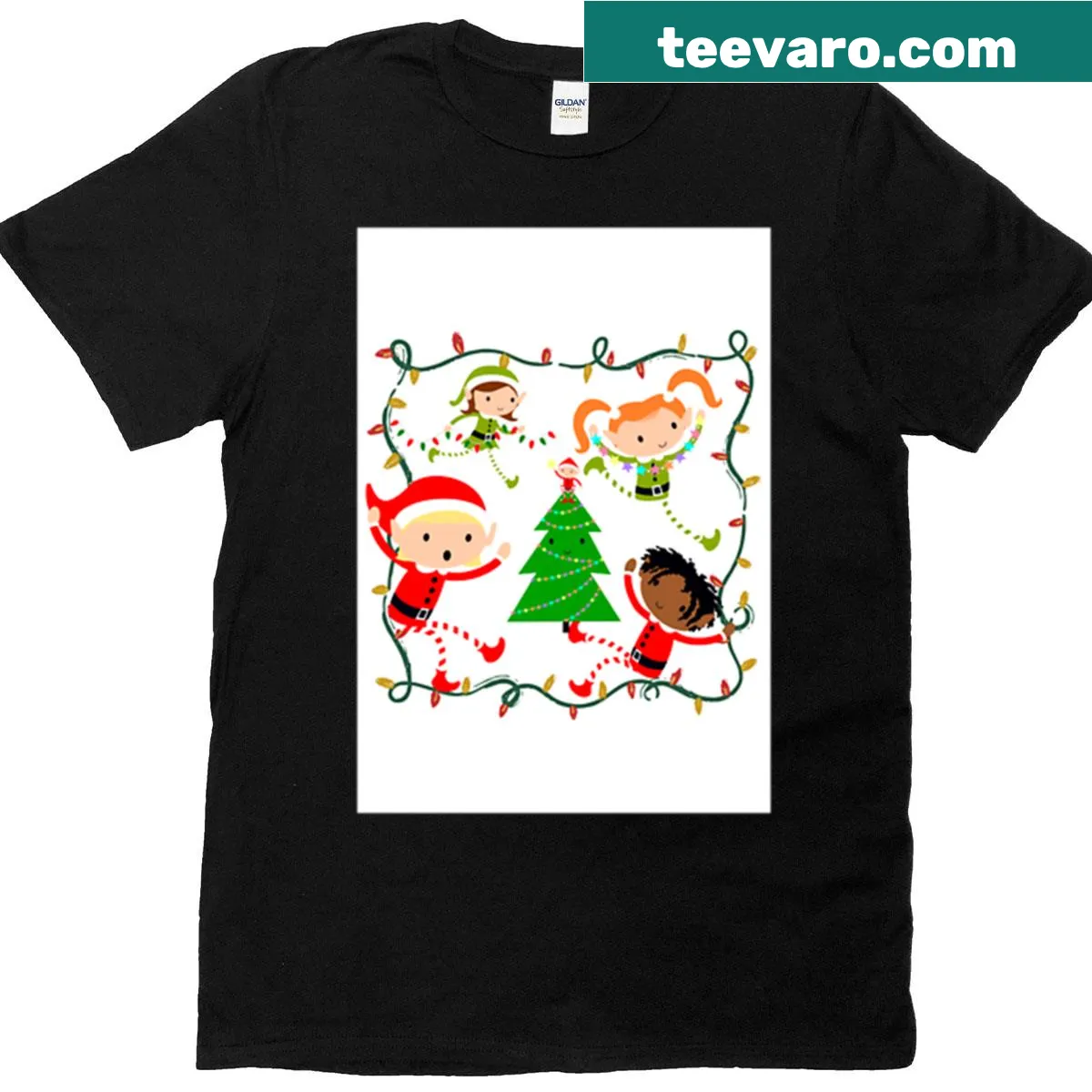 Oversized t-shirt with cute Christmas elves illustration. — on a men's t-shirt