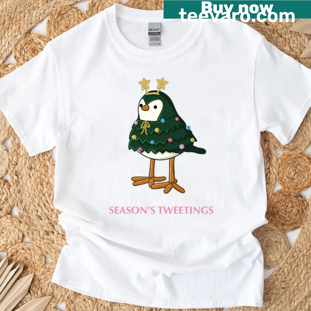 Illustration of a cheerful bird in holiday attire on a t-shirt — on a men's t-shirt