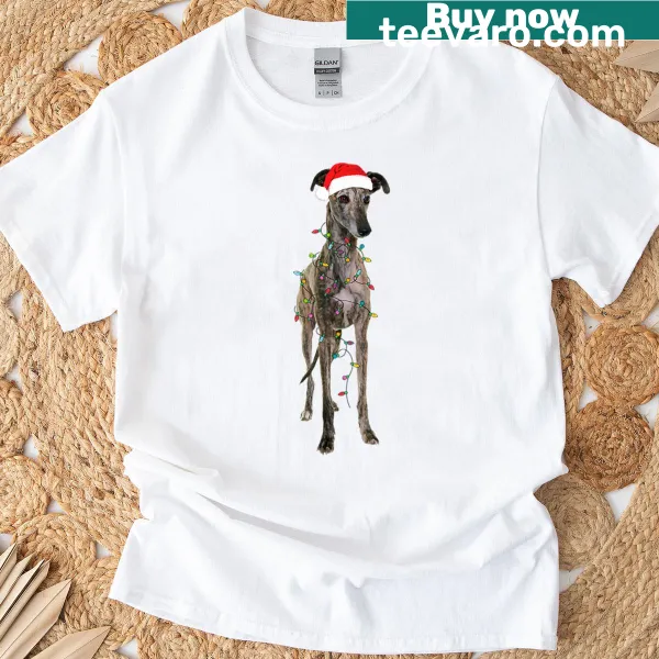 Funny Christmas t-shirt featuring a greyhound dog in a Santa hat