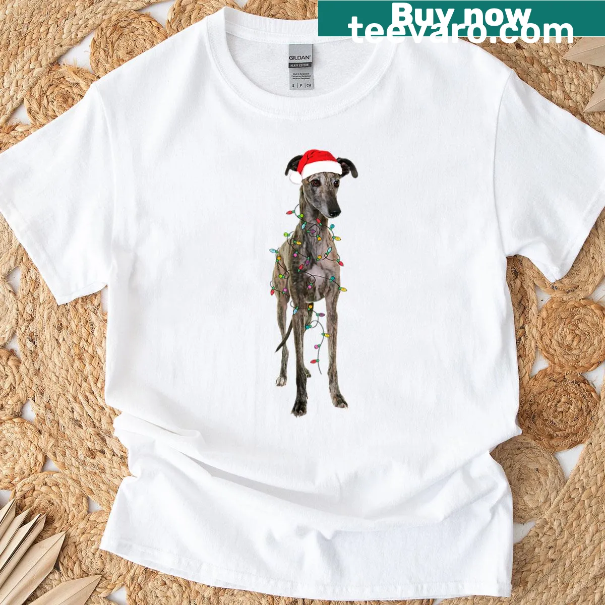 Funny Christmas t-shirt featuring a greyhound dog in a Santa hat — on a men's t-shirt