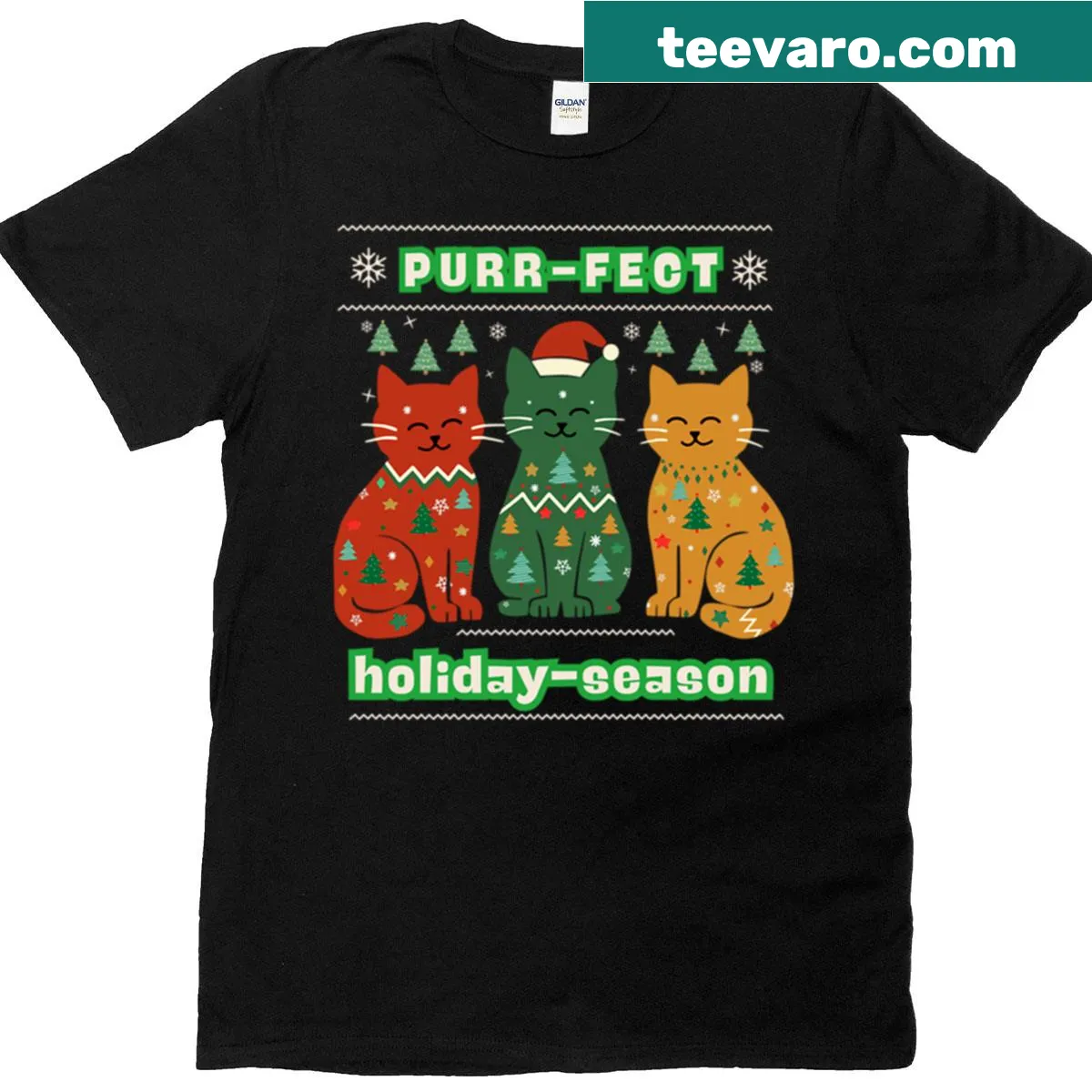 Festive t-shirt featuring a happy cat illustration for Christmas — on a men's t-shirt