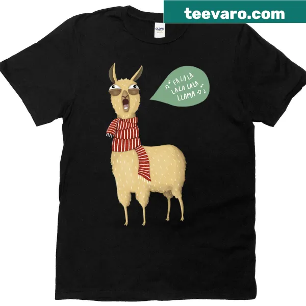 Cute cartoon llama festive graphic on a Christmas T-shirt