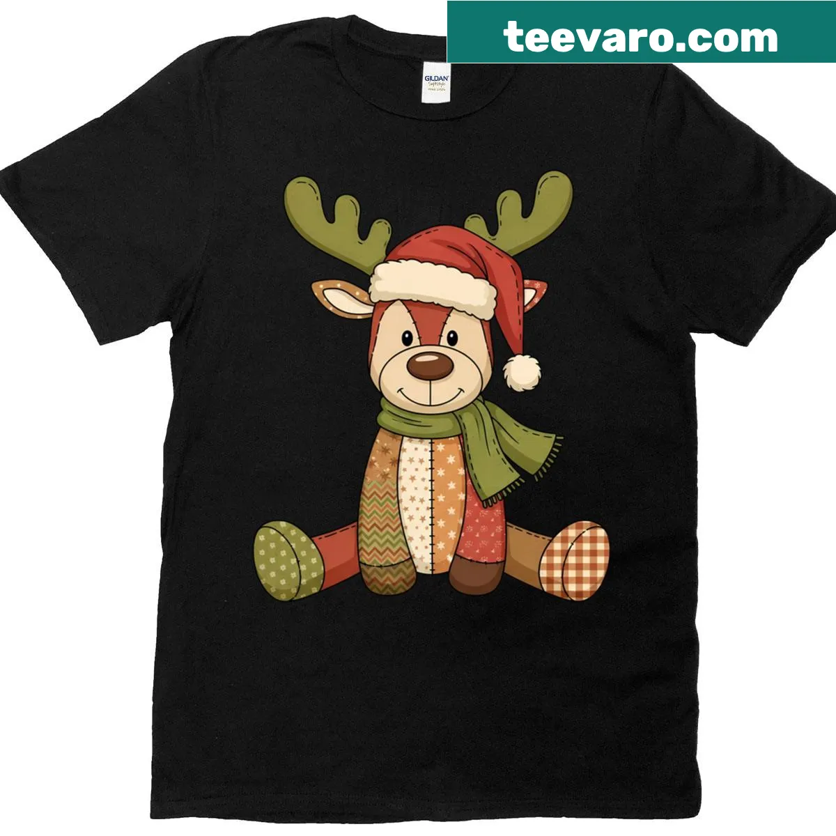 Retro patchwork T-shirt featuring reindeer design for the holidays. — on a men's t-shirt