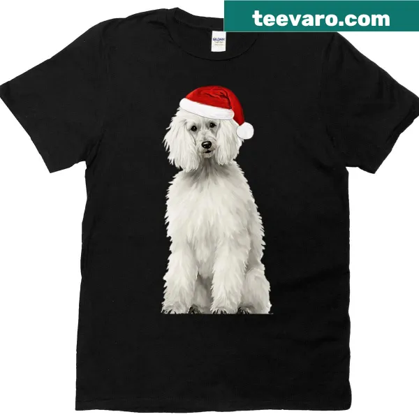 Watercolor illustration of a poodle with Christmas trees on oversized t-shirt