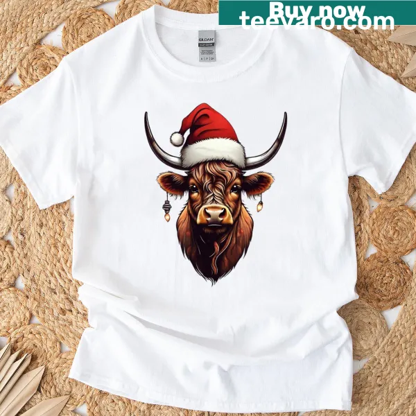 Cartoon Highland cow in a Santa hat with mistletoe